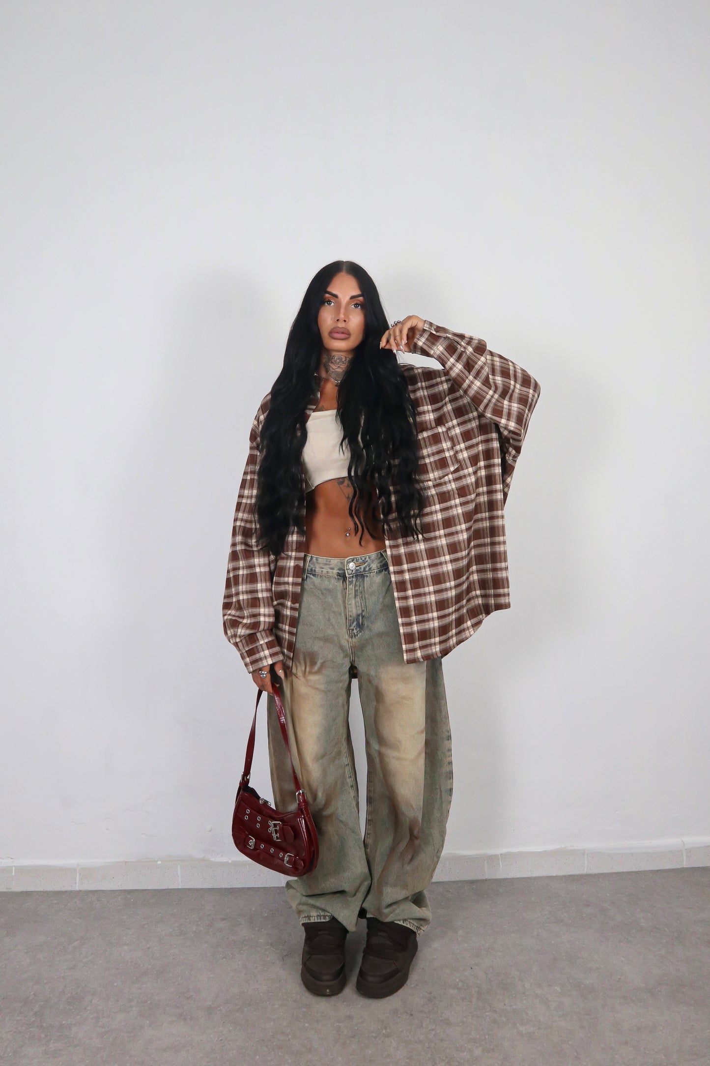 Camicia Tartan Oversize - Marrone