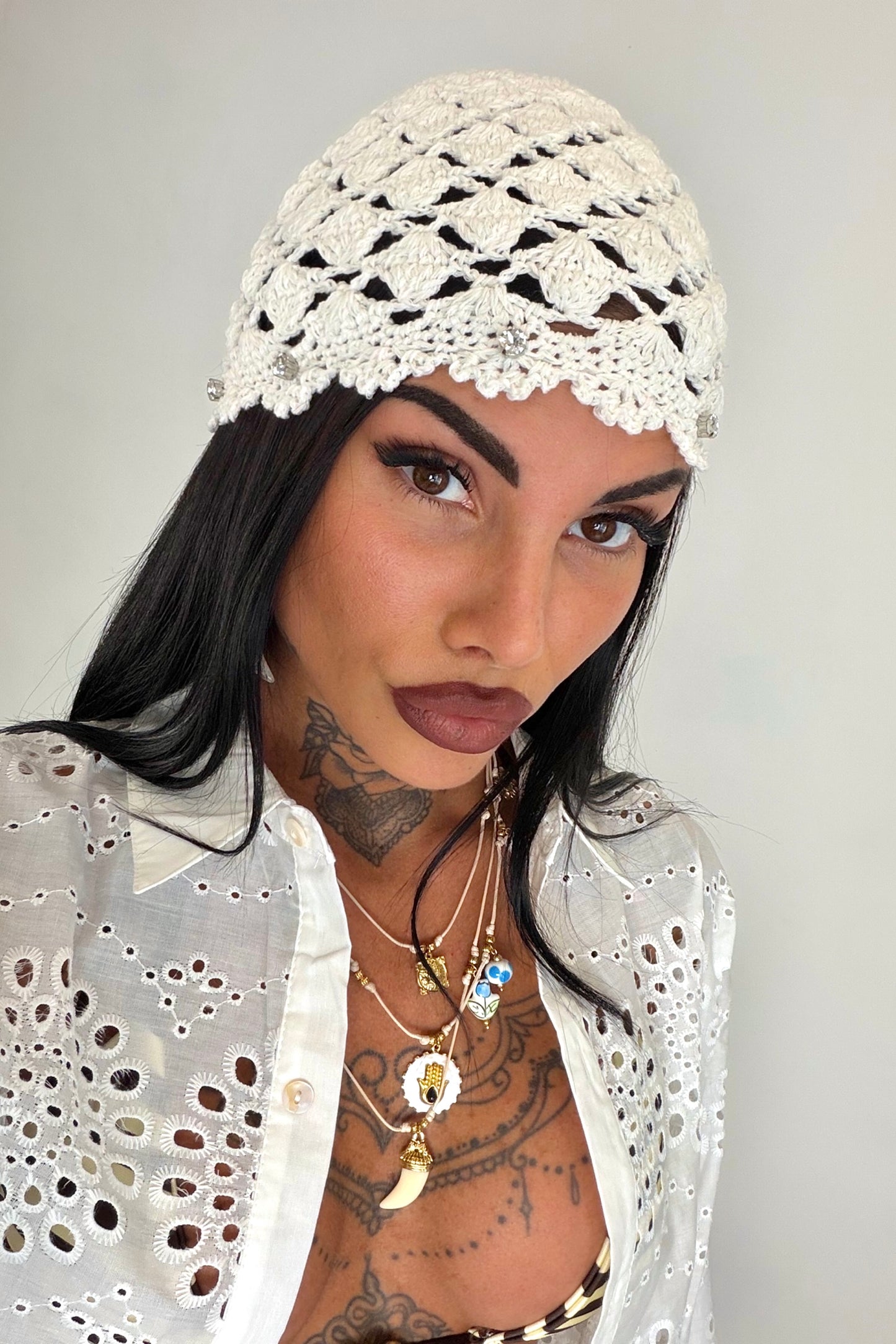 Berretto Retina Strass - Bianco