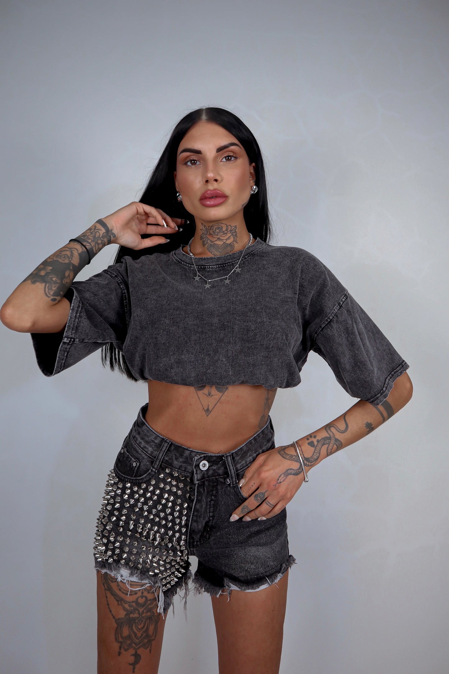 Shorts denim Borchie - Nero fumo