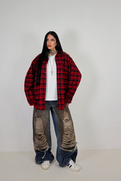Camicia Tartan Oversize - Rosso
