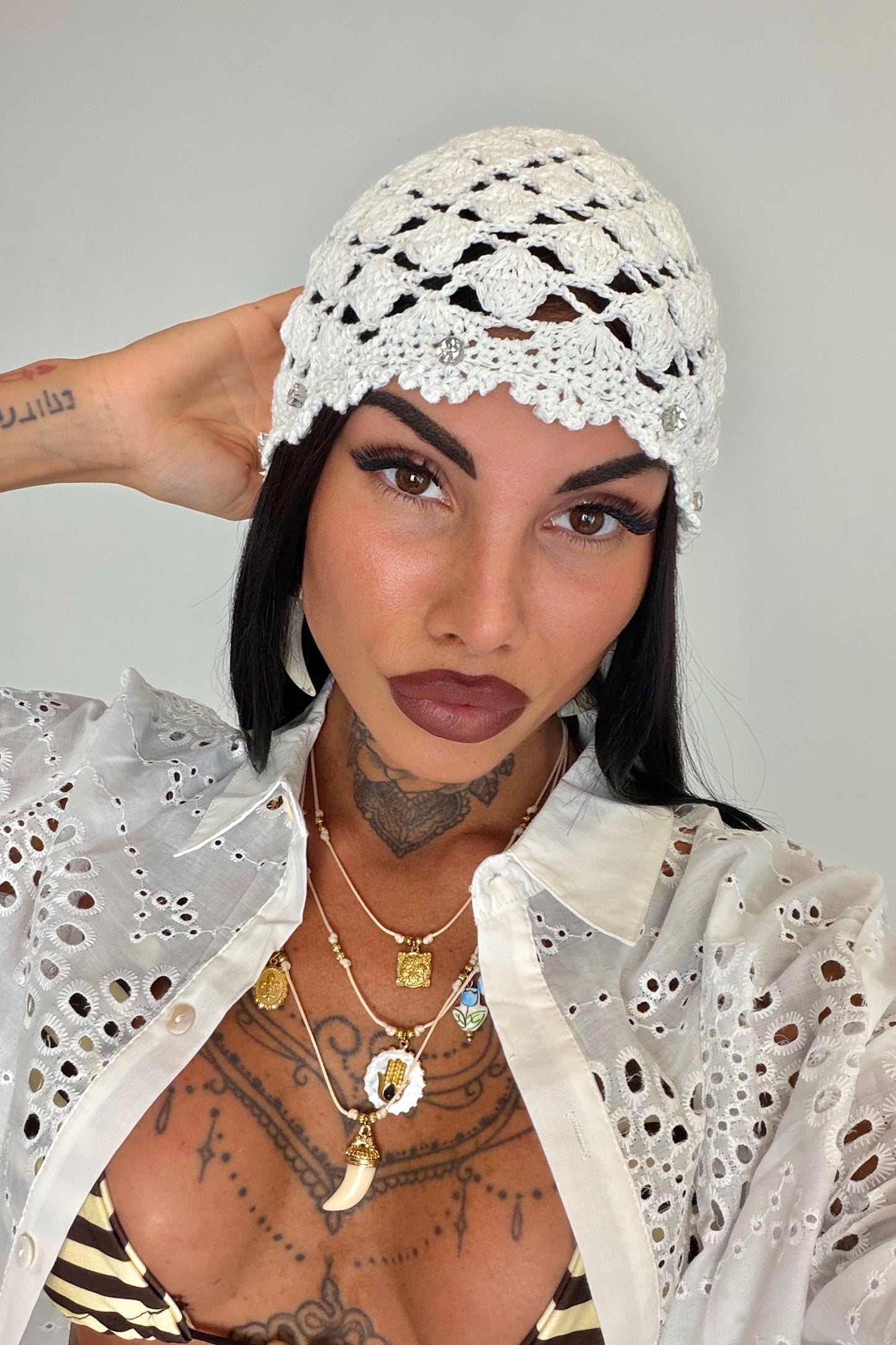 Berretto Retina Strass - Bianco