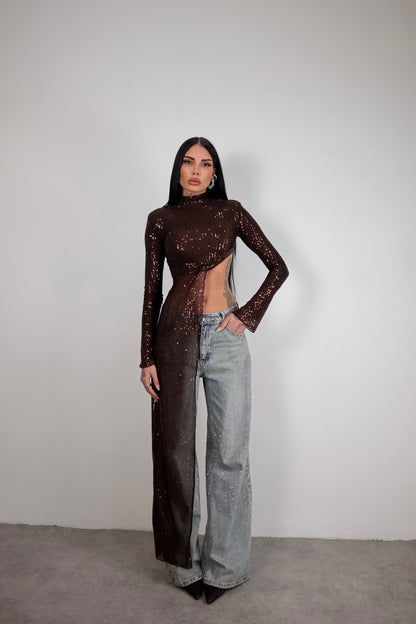 Maglia Paillettes Wow - Marrone