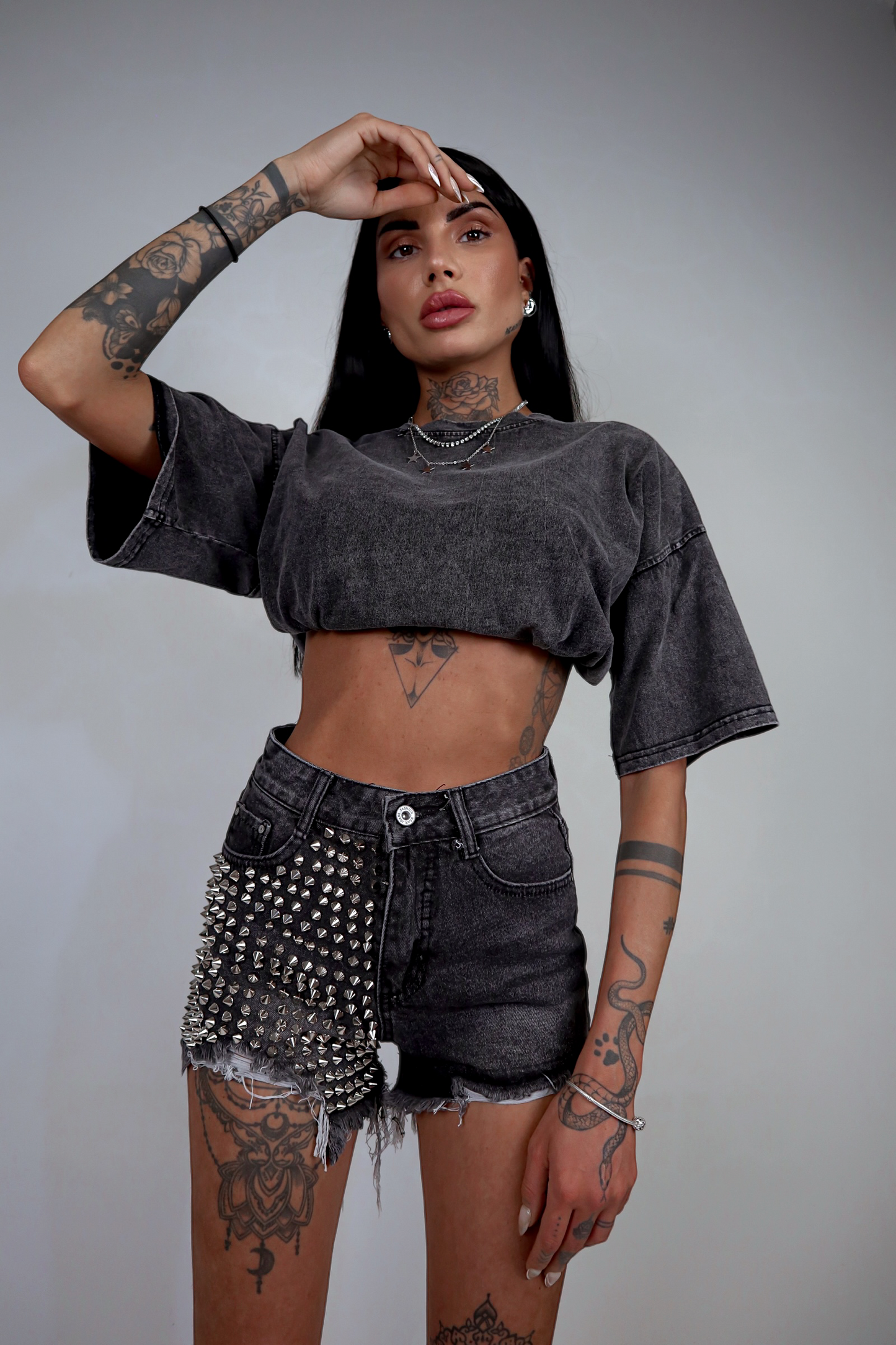 Shorts denim Borchie - Nero fumo