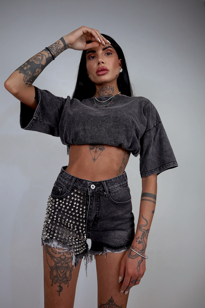 Shorts denim Borchie - Nero fumo