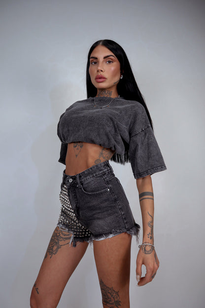 Shorts denim Borchie - Nero fumo