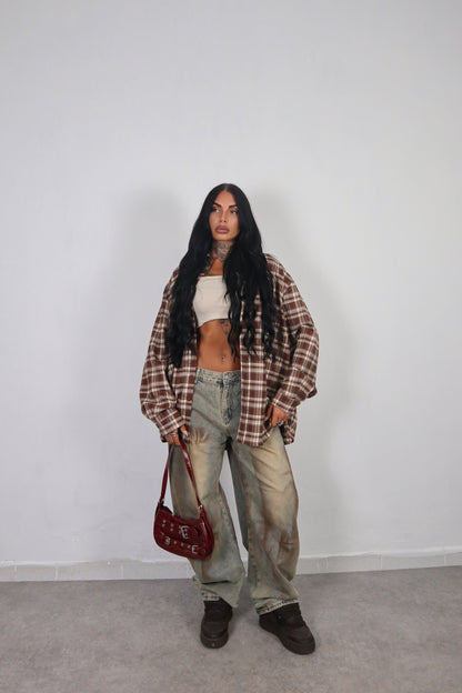 Camicia Tartan Oversize - Marrone