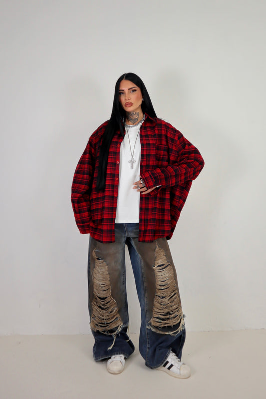 Camicia Tartan Oversize - Rosso