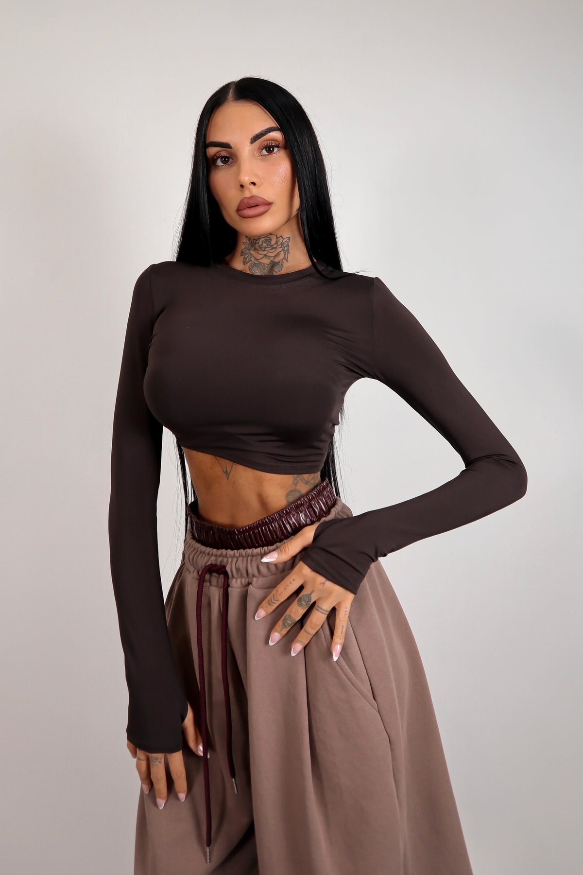 Maglia crop guantino - Marrone