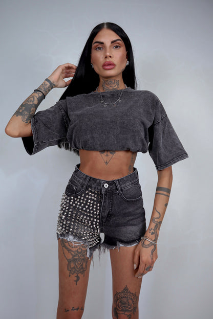 Shorts denim Borchie - Nero fumo